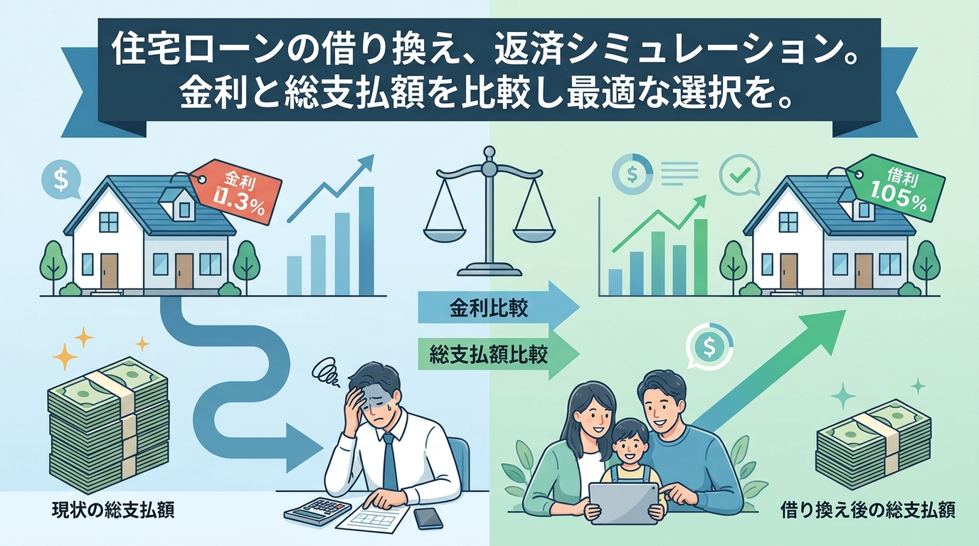 住宅ローンの借り換え、返済シミュレーション。金利と総支払額を比較し最適な選択を。